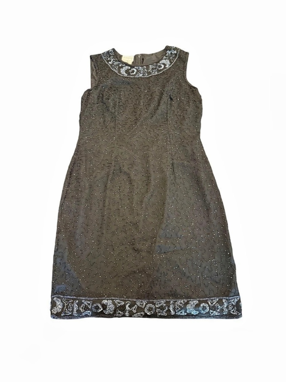 VTG 80s Stenay 100% Silk Beaded Sequin Dress 16 Black Cocktail Party Sleeveless